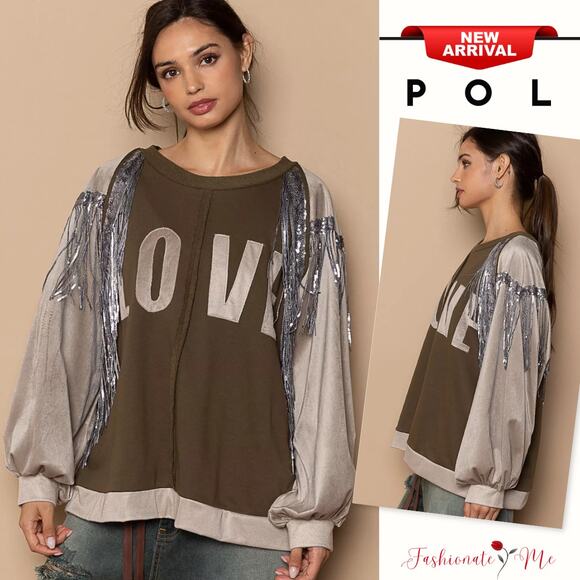 POL Sequin Tassel Long Balloon Sleeves French Terry Oversized Sweatshirt | Olive - Picture 1 of 6